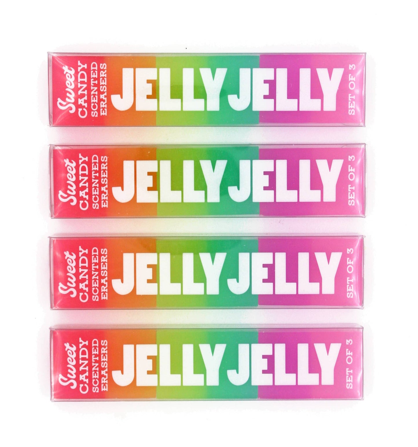 Set of five 'Jelly Jelly' candy scented erasers on a white background