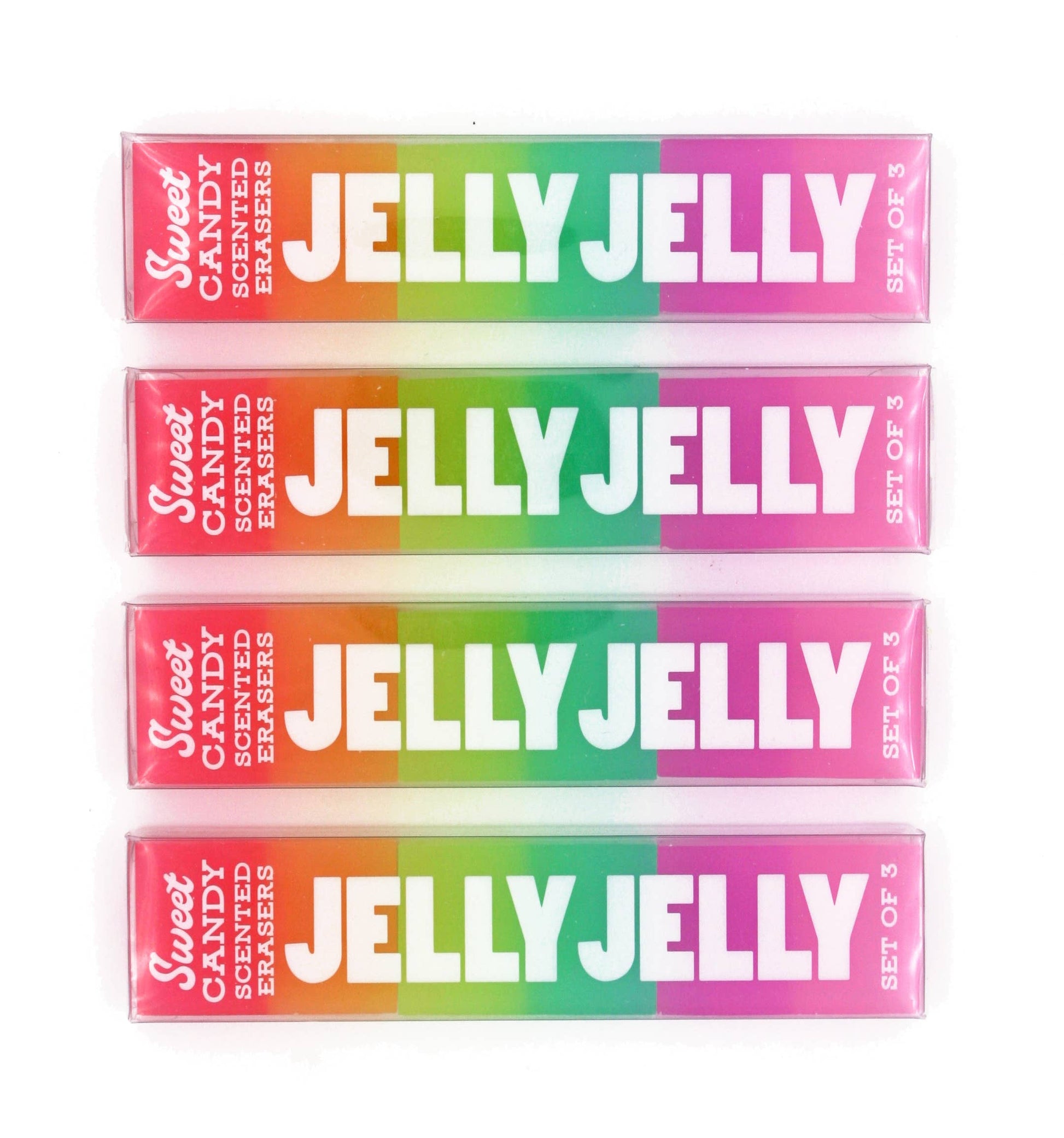 Set of five 'Jelly Jelly' candy scented erasers on a white background
