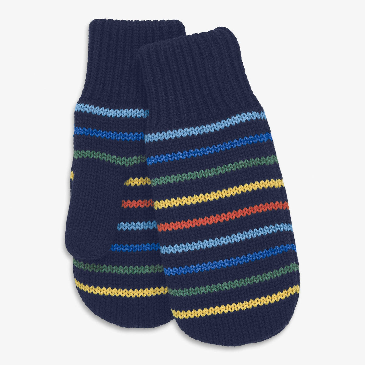 A pair of navy blue knit mittens with horizontal wavy stripes in light blue, green, yellow, orange, and red, displayed against a light gray background.