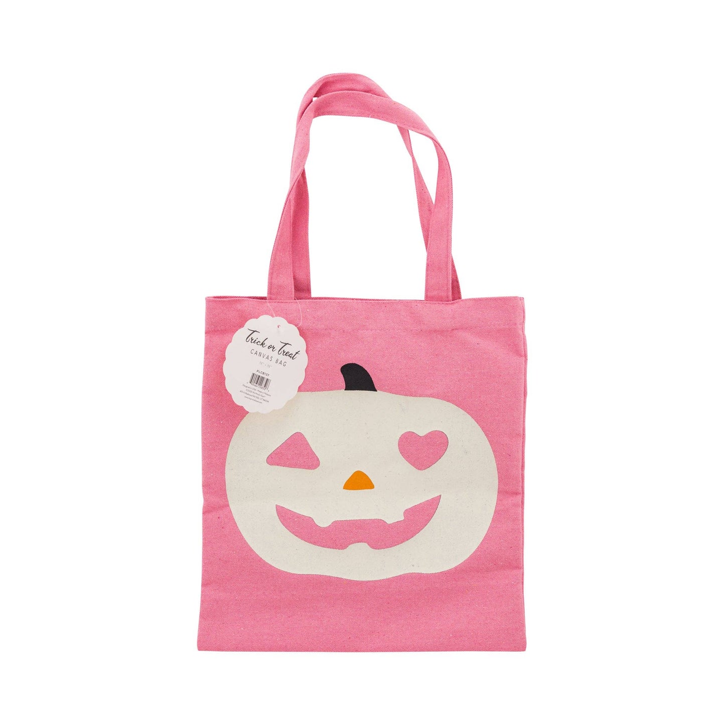 Pink tote bag with a pumpkin design on a white background