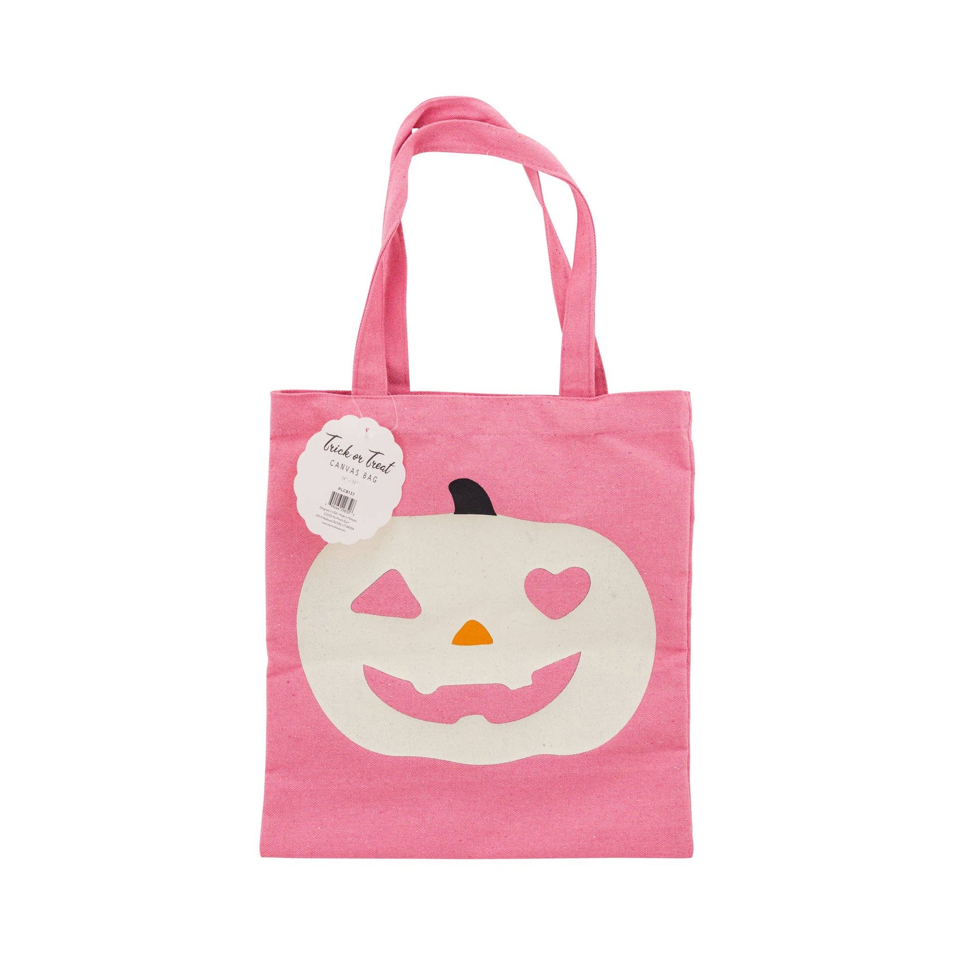 Pink tote bag with a pumpkin design on a white background