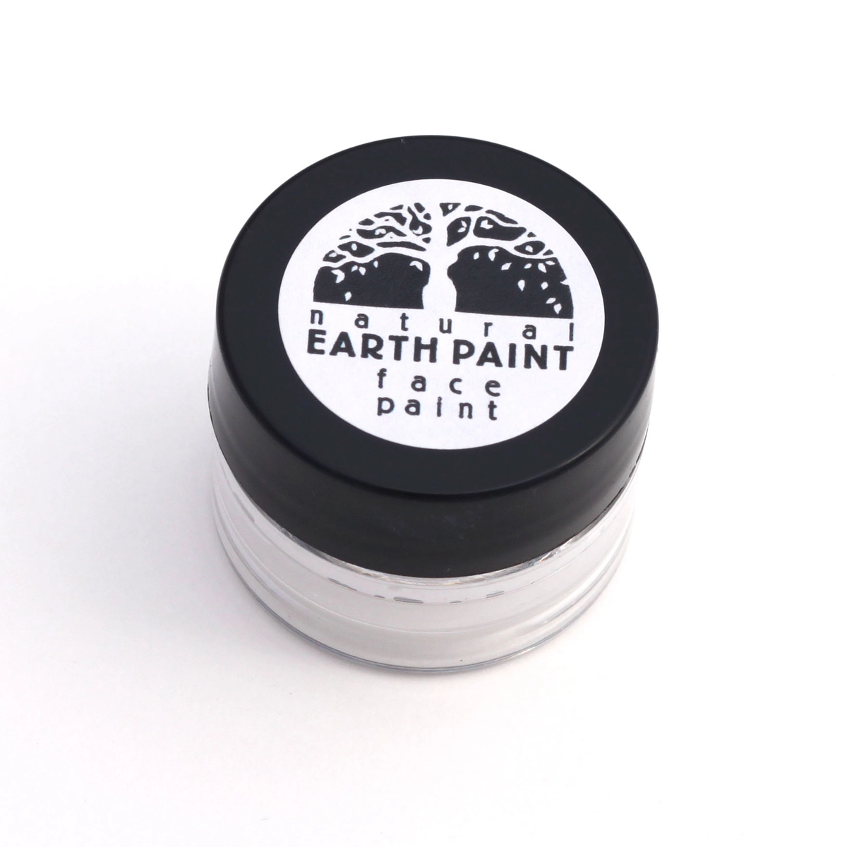Jar of natural earth paint with a black lid on a white background