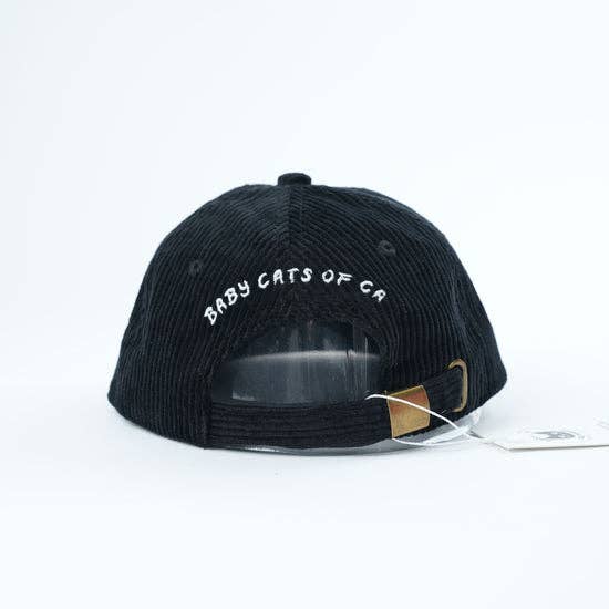 Black cap with 'BABY CATS OF CA' text on a white background