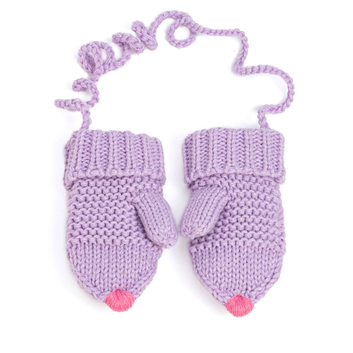 A pair of lavender purple chunky-knit baby mittens with a matching knitted wrist warmer strap and small pink pom-pom accents at the tips, shown on a plain white background.