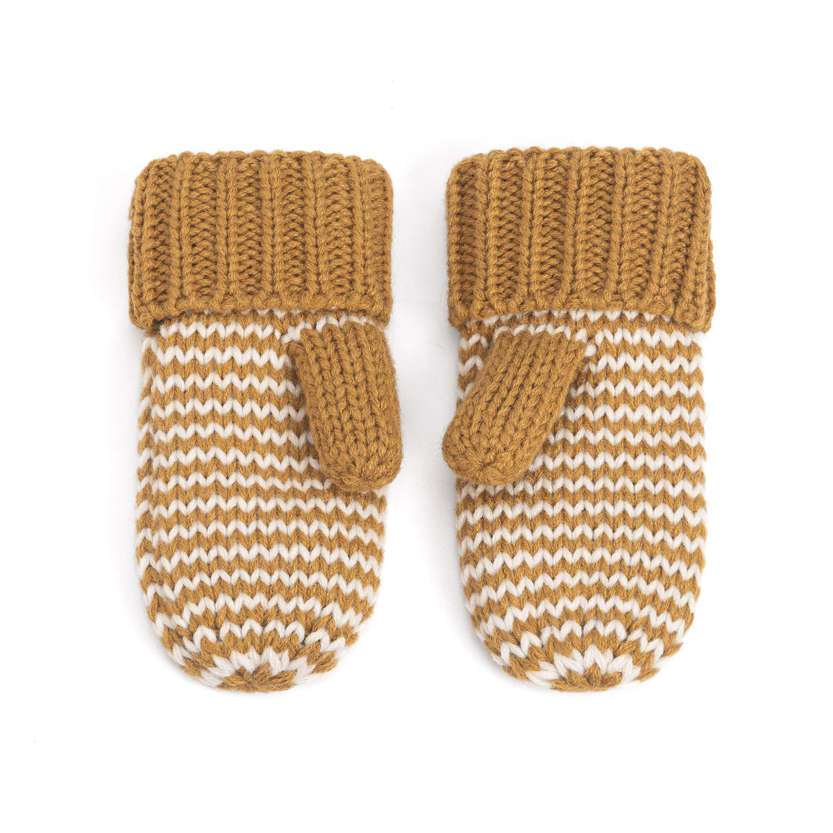 A pair of chunky knit baby mittens in a warm camel brown and cream zigzag pattern, shown flat on a white background.