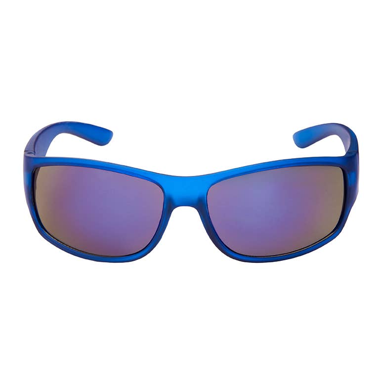 Blue sunglasses with purple-tinted lenses on a white background