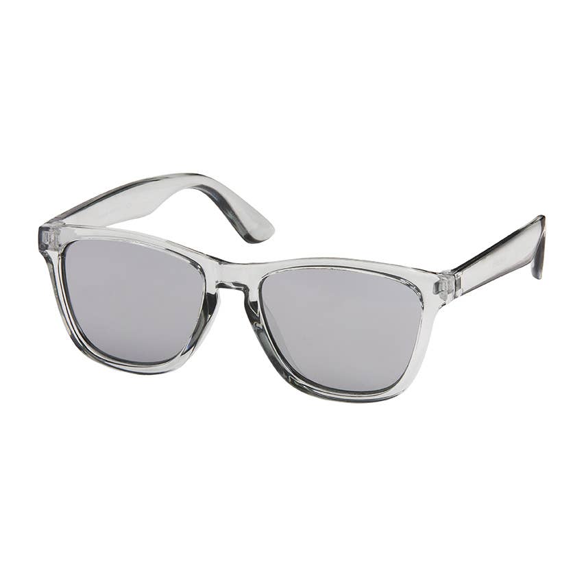 Clear frame sunglasses with silver lenses on a white background