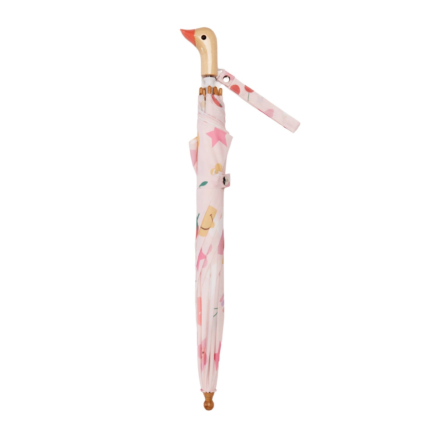 Pink umbrella with duck handle on a white background