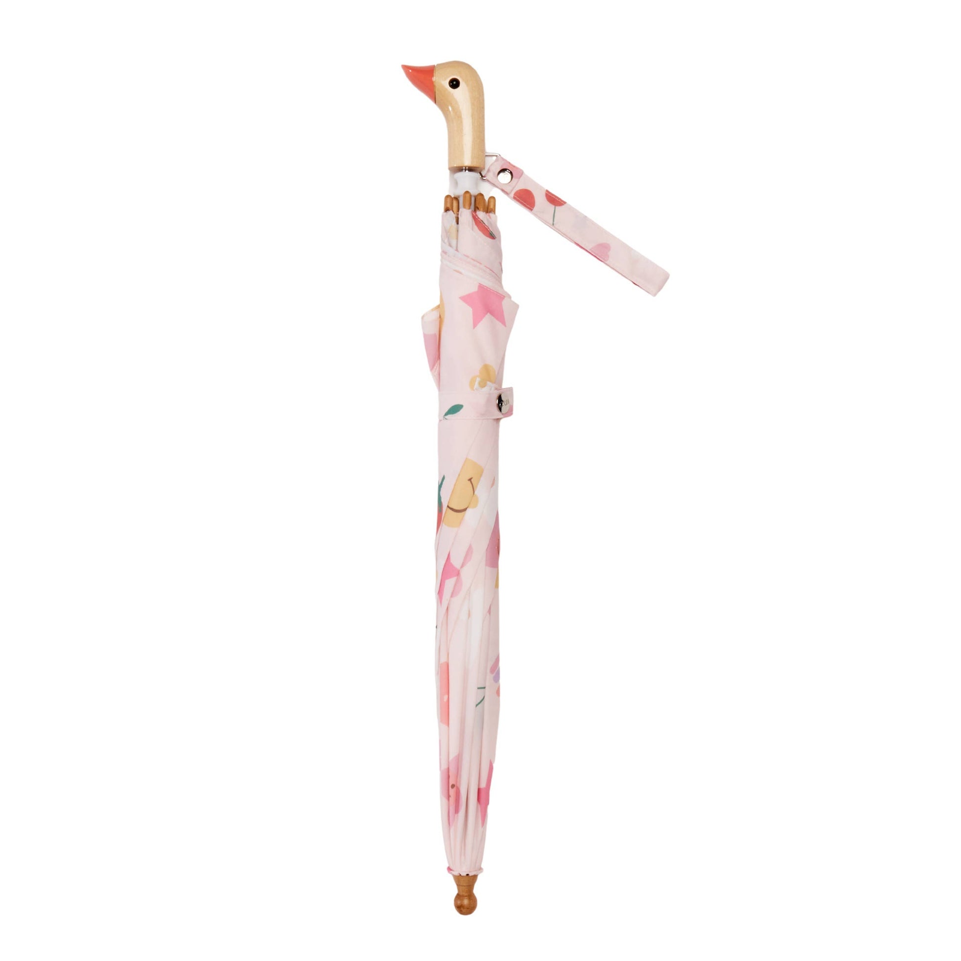 Pink umbrella with duck handle on a white background