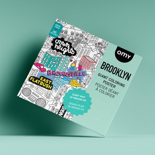 Coloring poster with Brooklyn-themed design on a green background