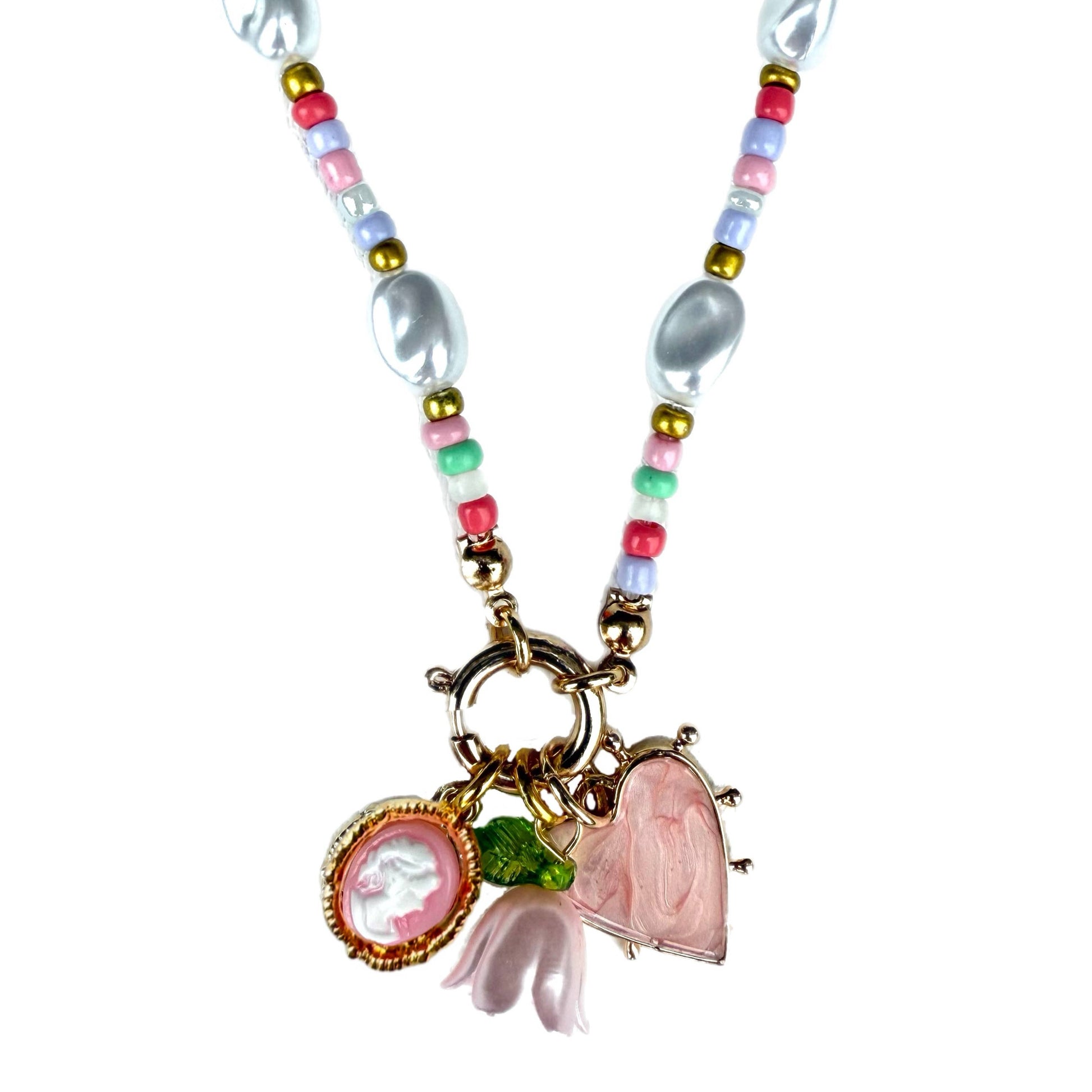 Necklace with colorful beads and floral charm on a white background