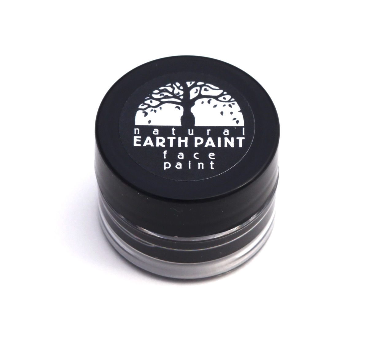 Black container of natural earth paint with a white label on a white background