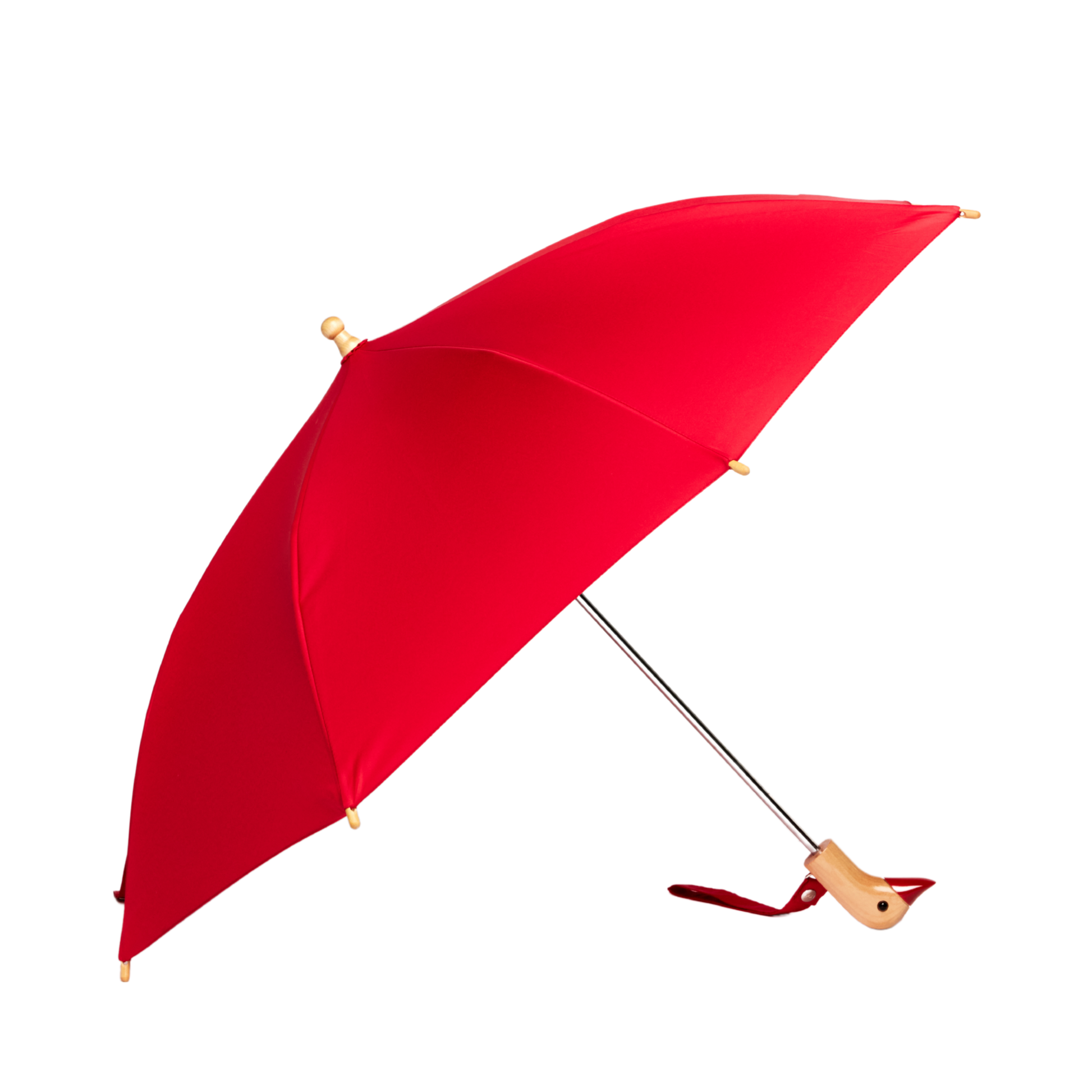 Red umbrella with wooden handle and strap on a white background