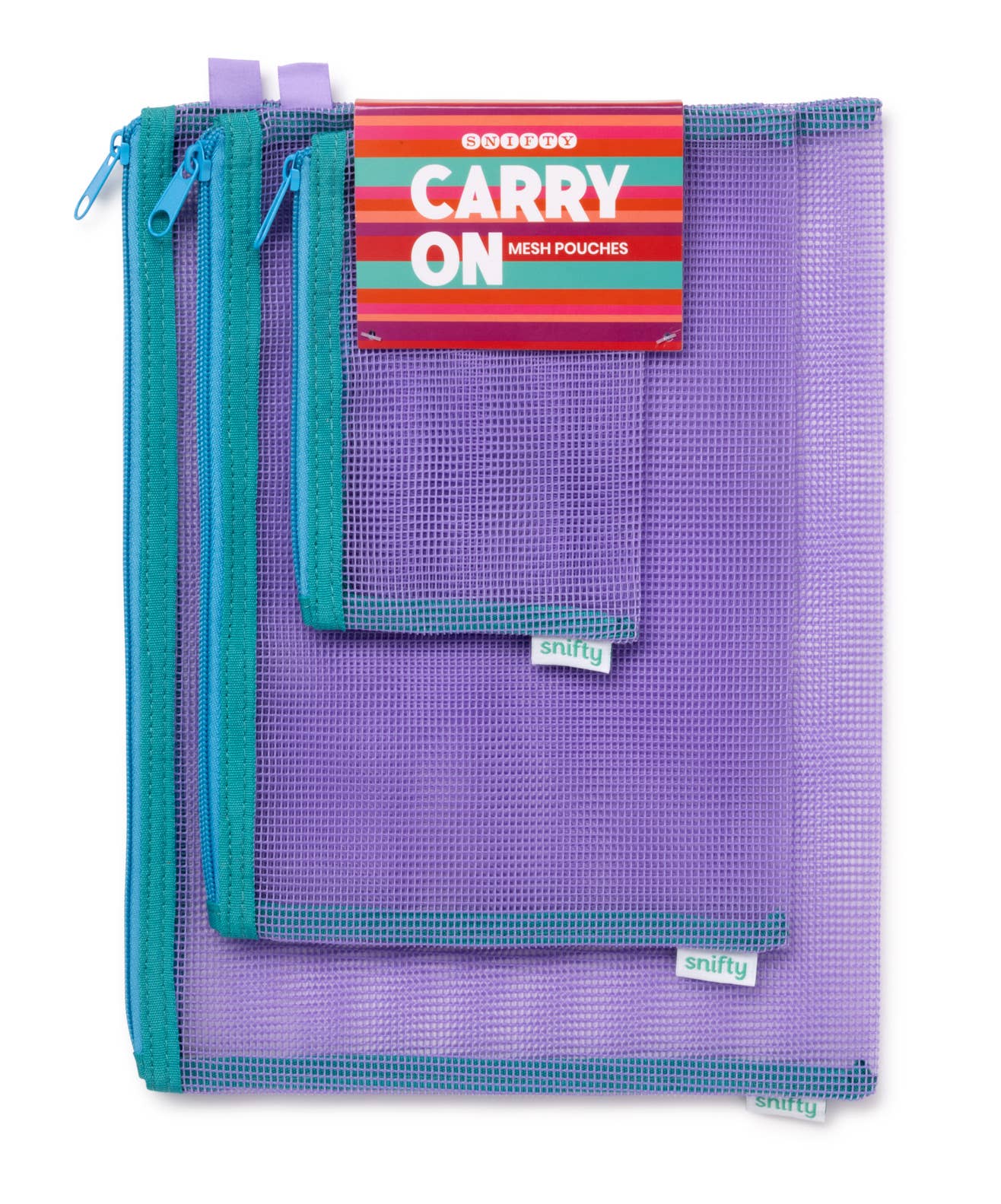 Purple mesh pouch with teal zipper and 'Carry On' label on a white background