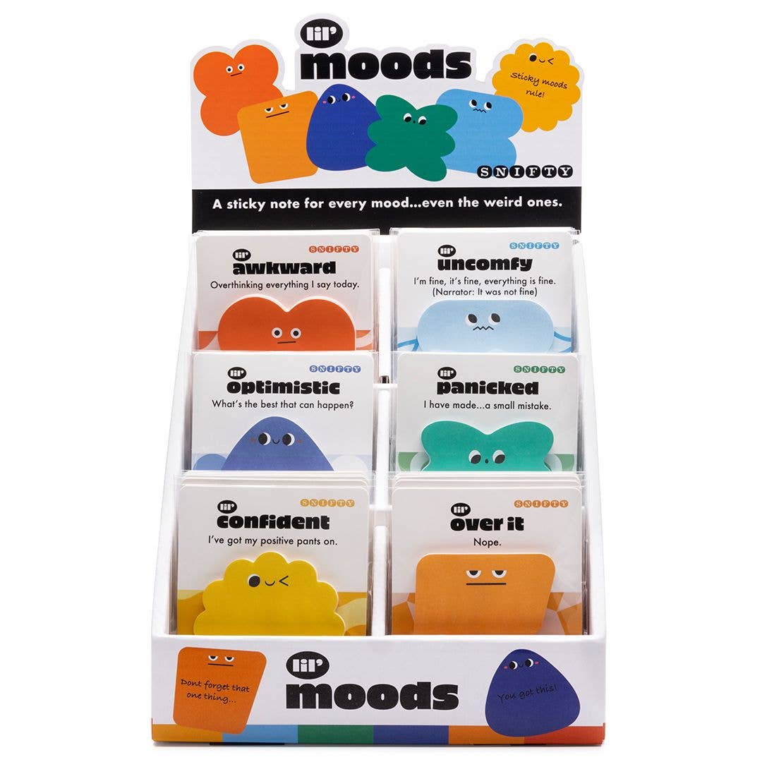 A retail display stand filled with small moods sticky notes cards. The display features colorful cartoon note characters and labels such as awkward, uncomfort, optimistic, panicked, confident, and over it on a plain white background.