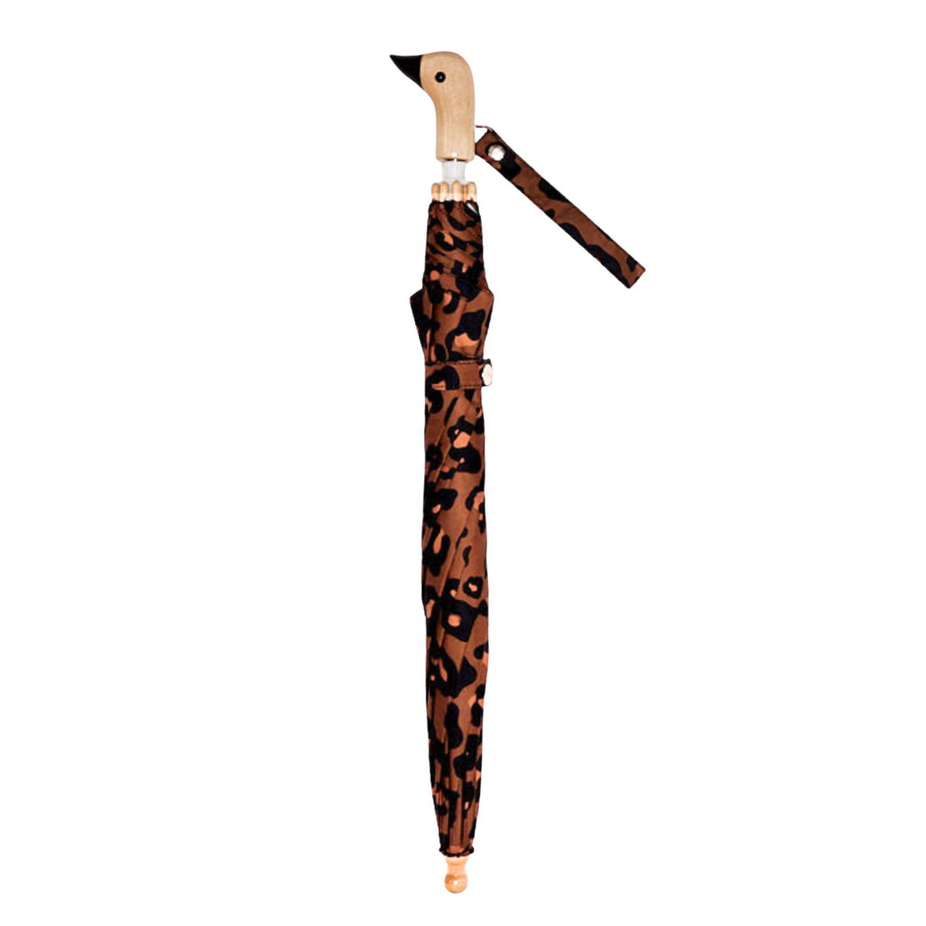 Leopard print umbrella with wooden handle on a white background