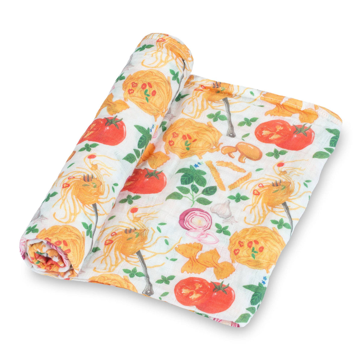pasta-patterned fabric with colorful vegetables on a white background