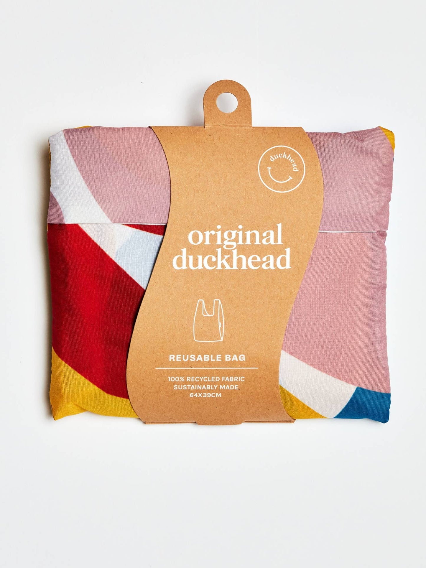 Reusable bag with colorful design and 'original duckhead' branding on a white background