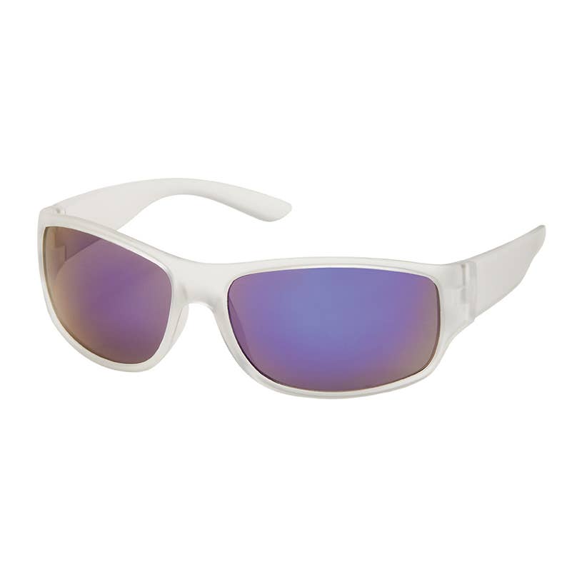 White sunglasses with purple-tinted lenses on a white background