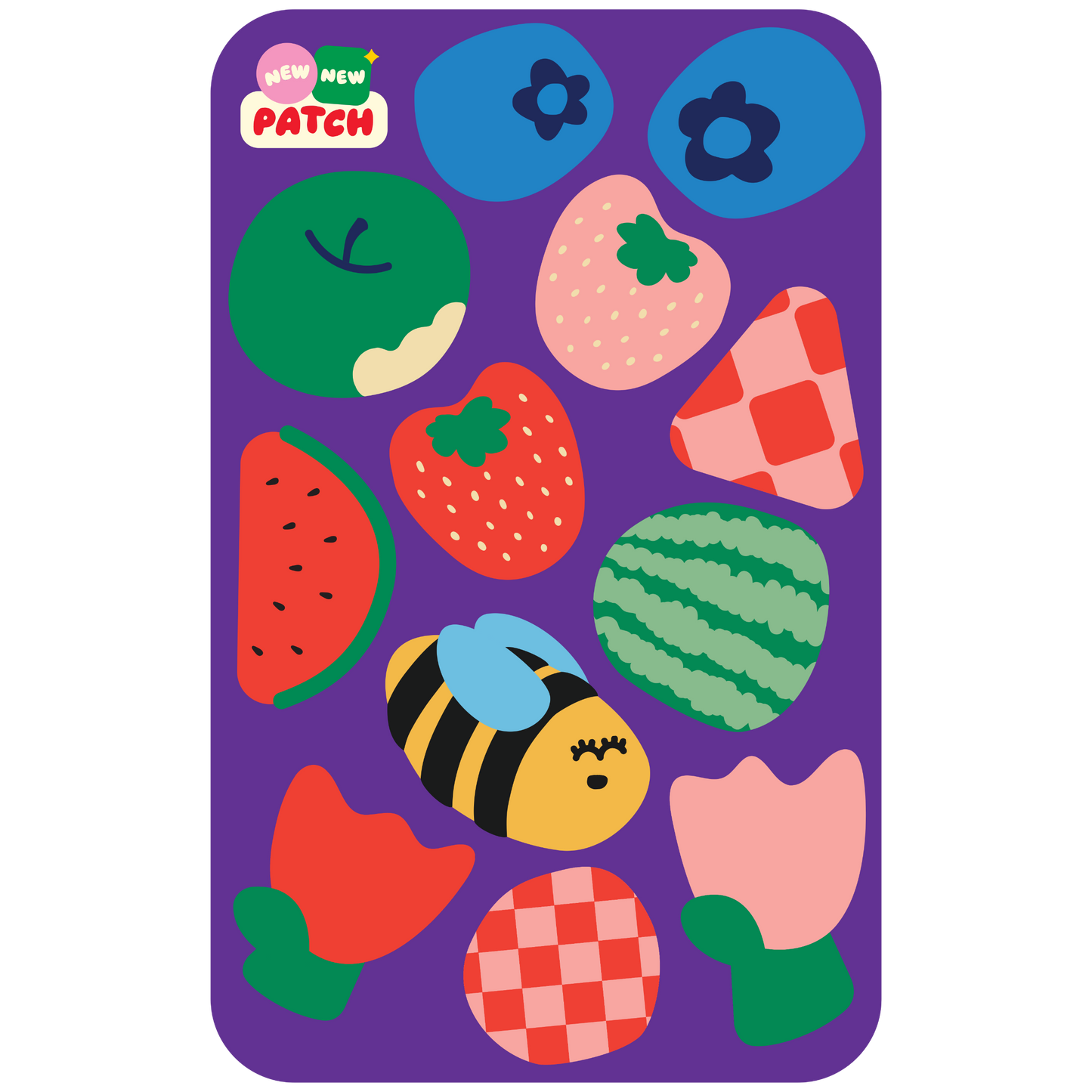Colorful children's sticker parches on a purple background with 'NEW PATCH' branding.
