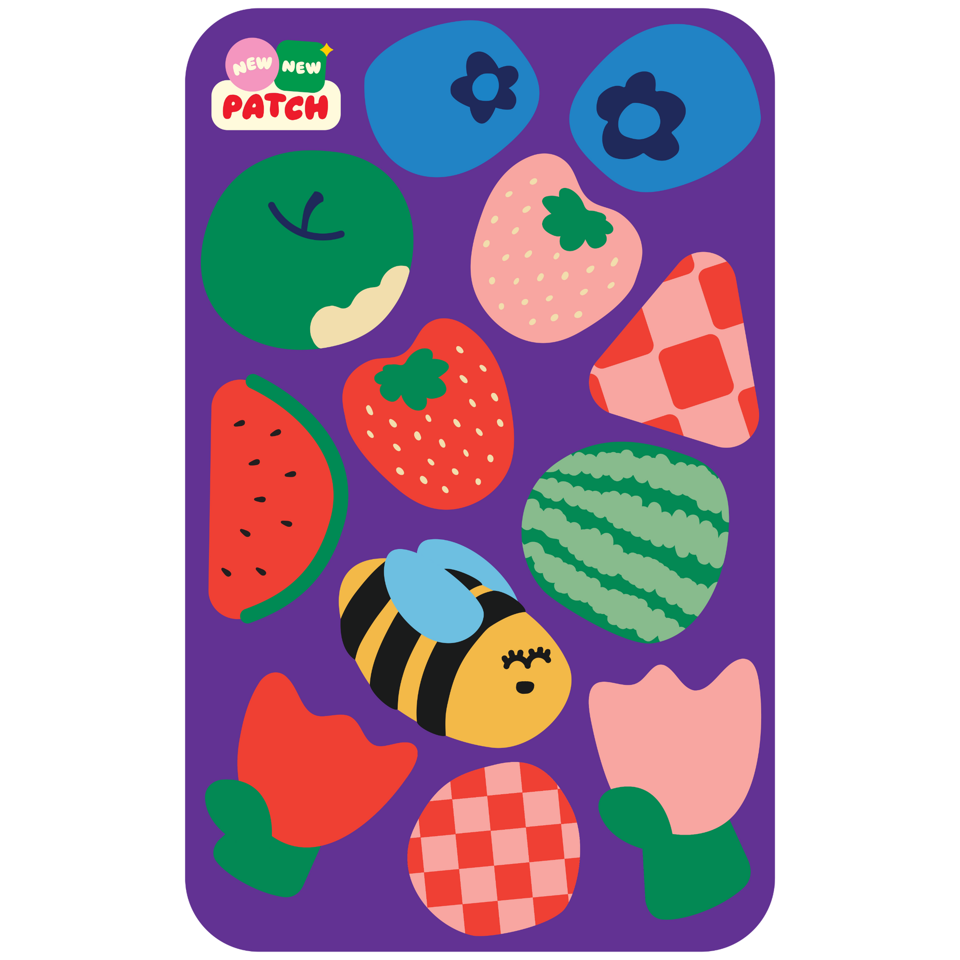 Colorful children's sticker parches on a purple background with 'NEW PATCH' branding.