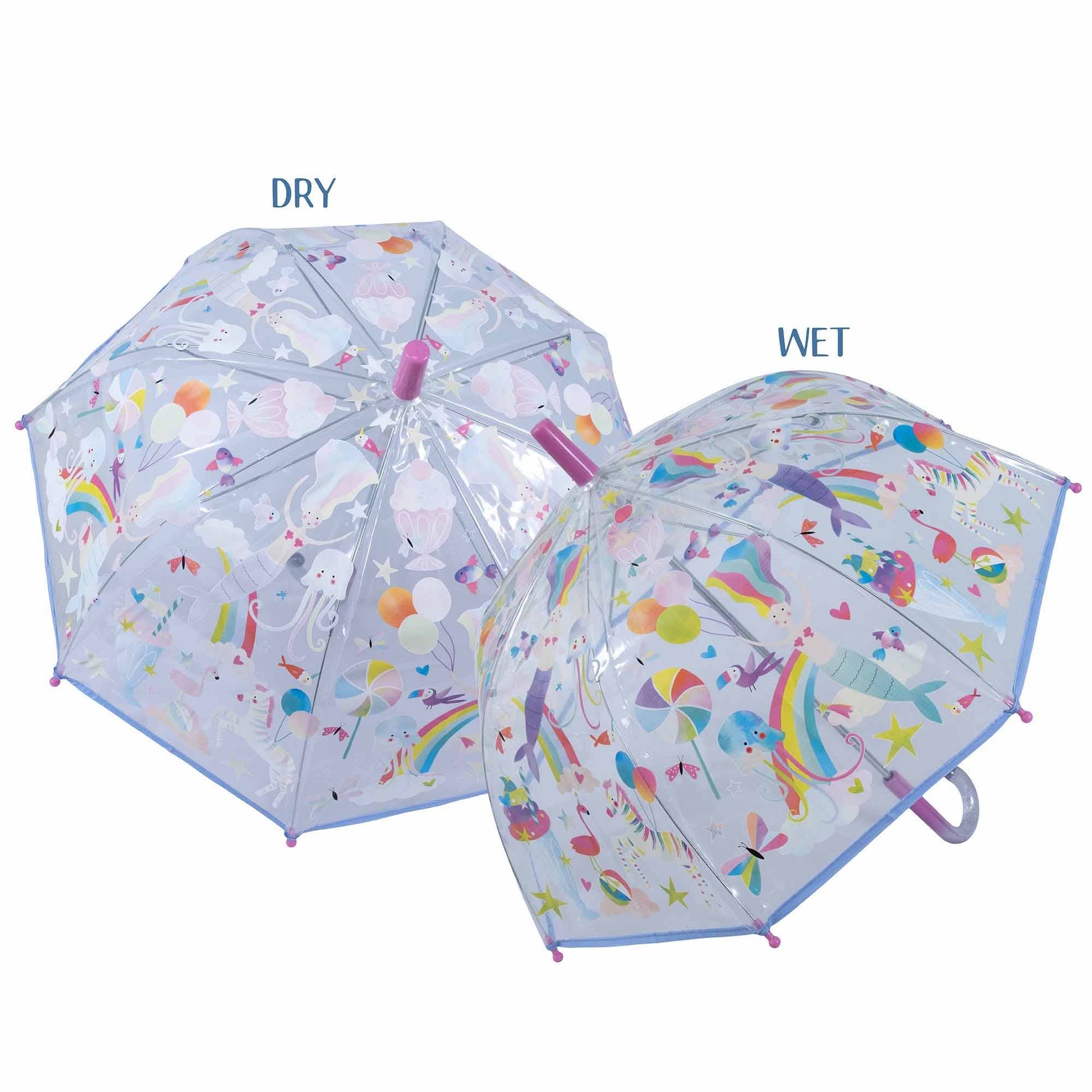 Two children's umbrellas with colorful designs, one labeled 'Dry' and one labeled 'Wet', on a white background.