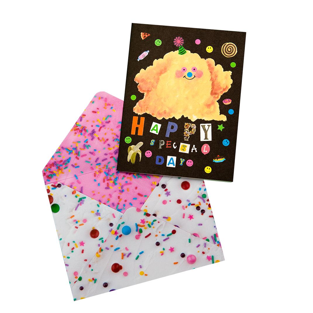 Greeting card with cartoon character and 'Happy Birthday' text, featuring a colorful envelope on a white background.