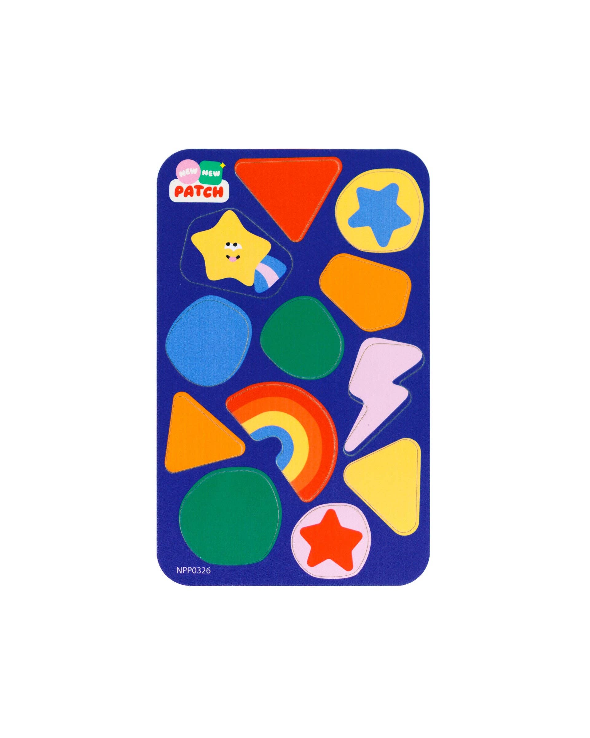 Colorful sticker patches on a blue card with a brand logo.