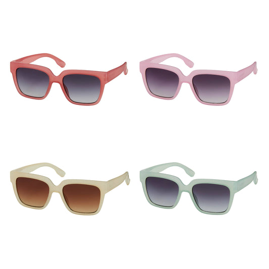 Four pairs of sunglasses with different colored frames on a white background