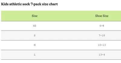 Size chart for kids athletic socks with shoe size equivalents on a green and white background