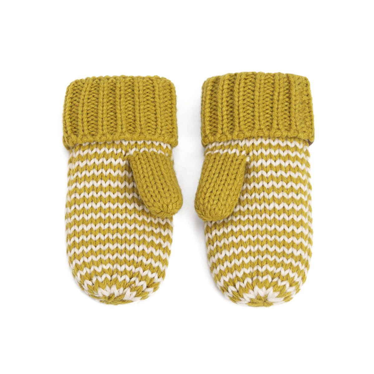 A pair of knit mittens in a mustard yellow and white chevron pattern, shown flat against a solid white background.
