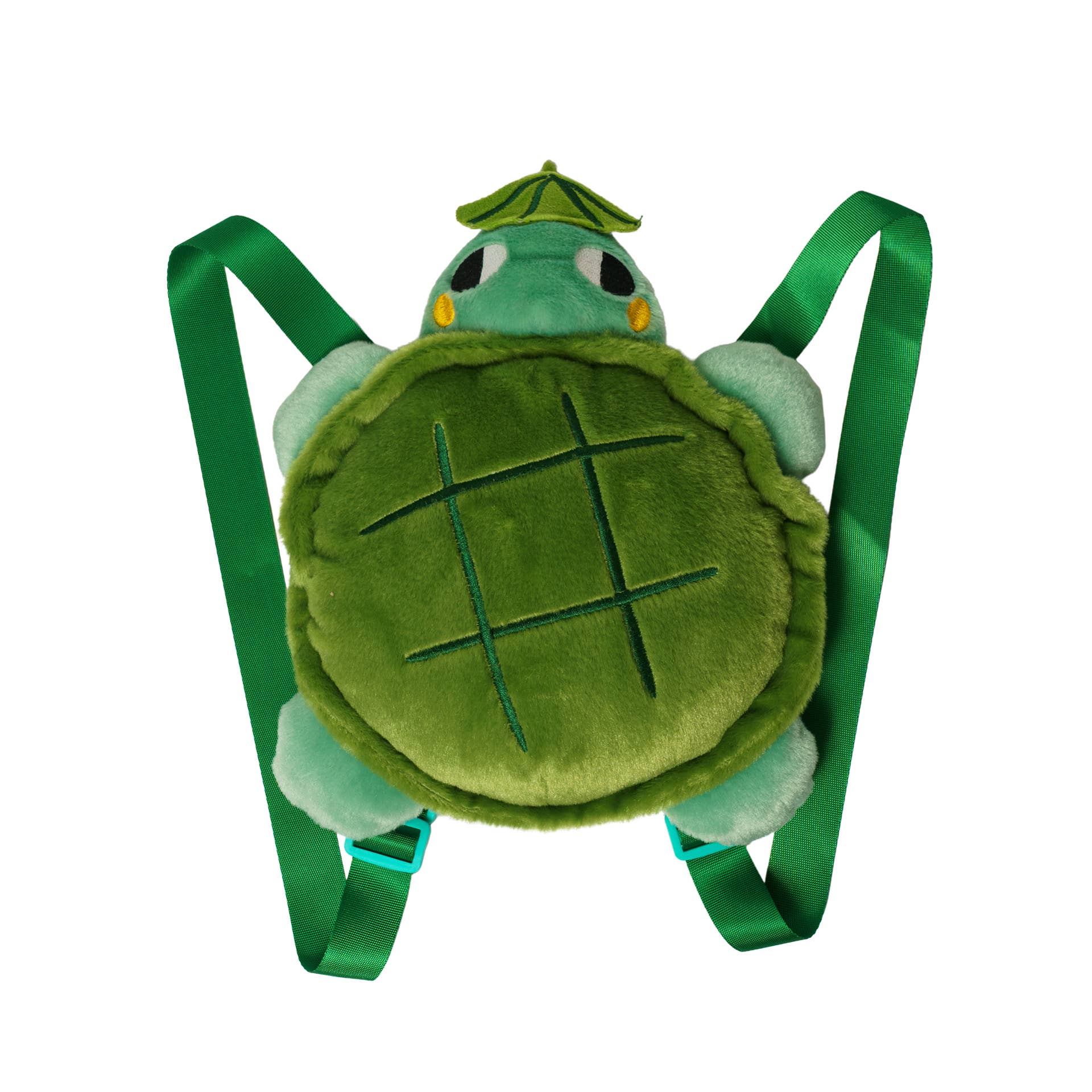 Green turtle plush backpack on a white background