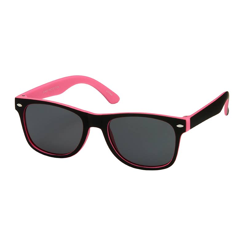 Pink and black sunglasses with dark gray lenses, shown from a three-quarters angle on a plain white background.
