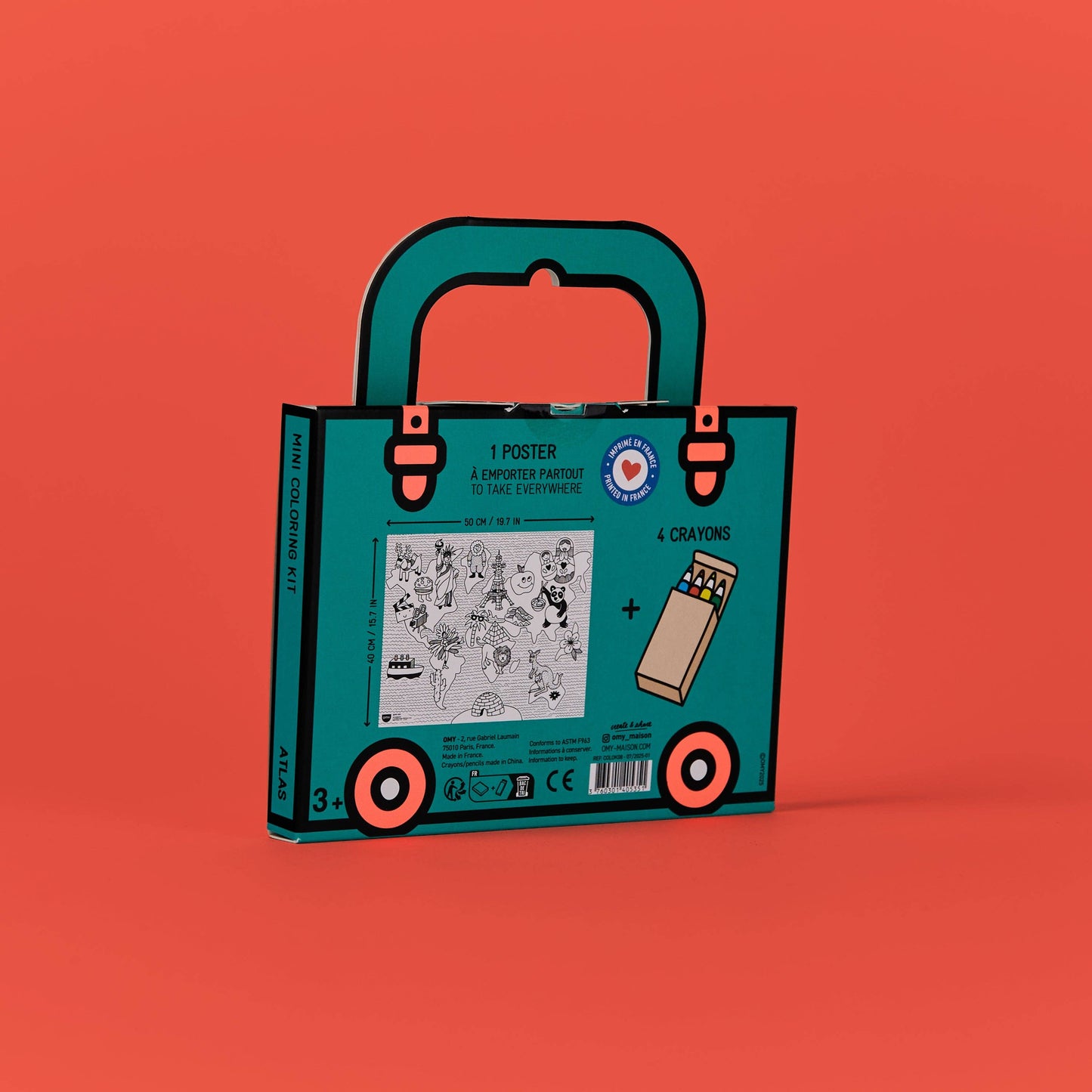 Children's art kit packaging with teal handle on an orange background