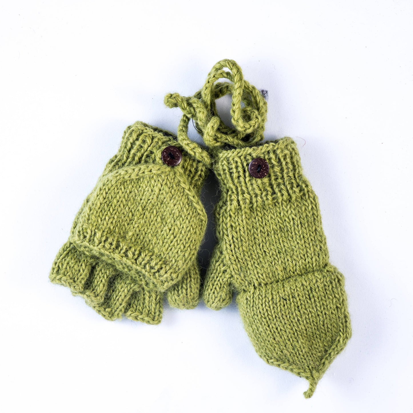 Pair of green knitted gloves on a white background