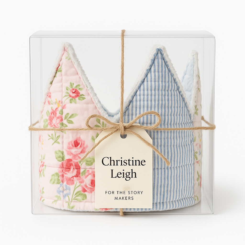 Packaged product with floral and striped designs, tied with twine, on a white background.