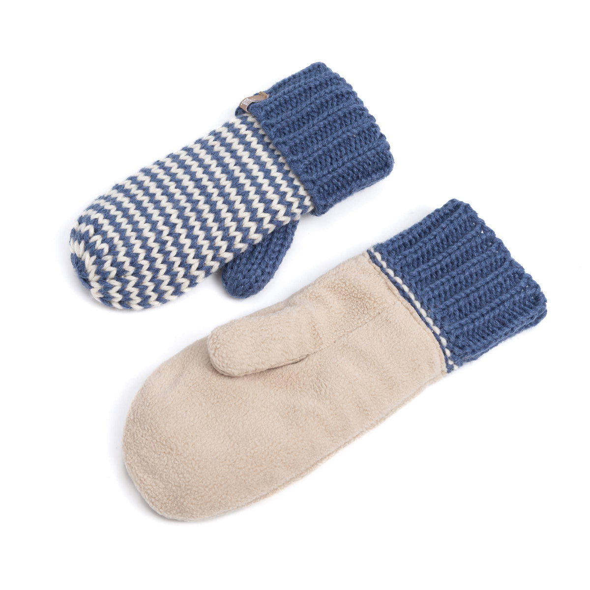 Two knit-and-fleece mitten gloves on a white background. One mitten has a blue and cream zigzag striped knit body with a blue cuff, and the other has a solid beige fleece body with a blue knit cuff.