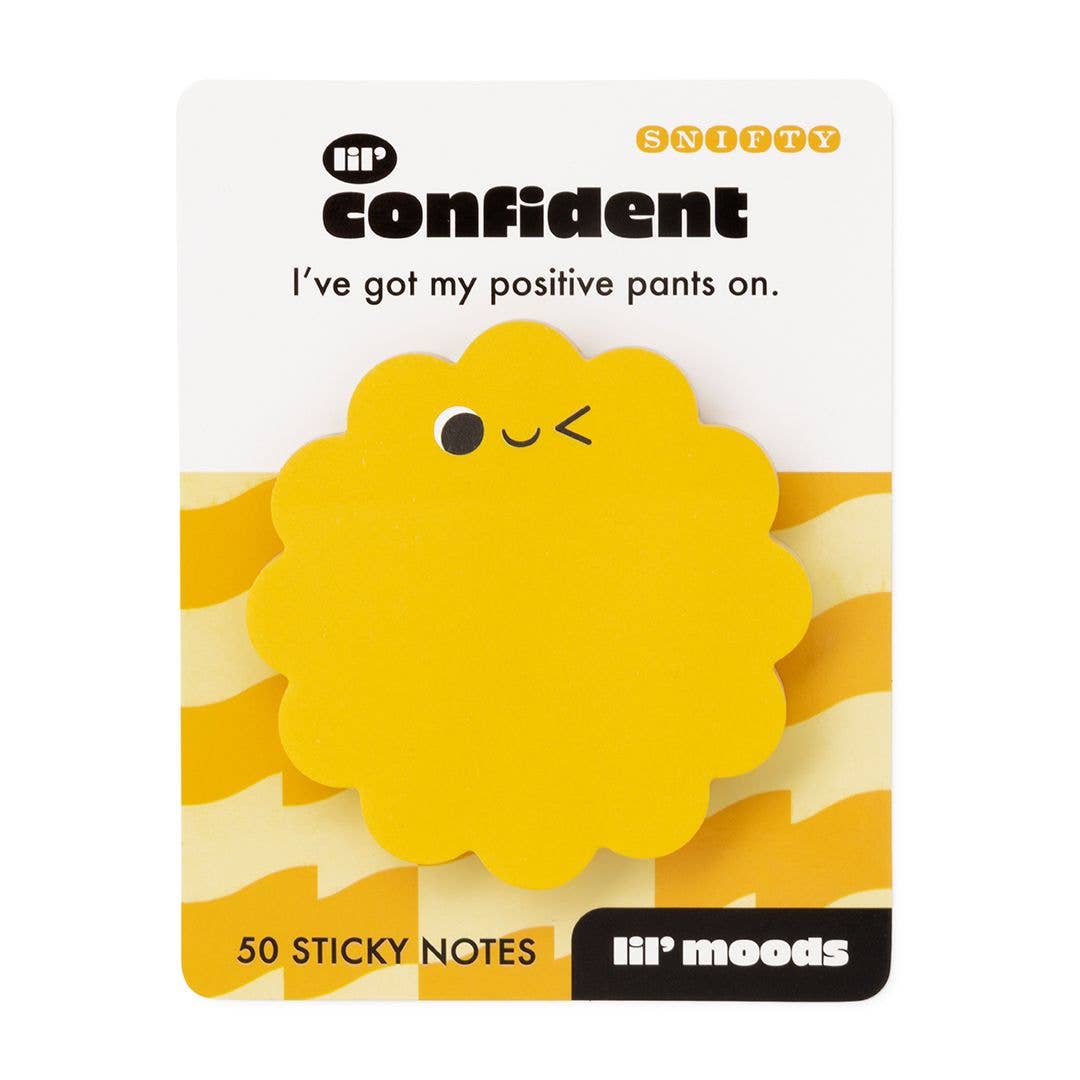A package of 50 yellow flower-shaped sticky notes from the brand lli' moods, featuring a smiling face and the text 'I've got my positive pants on.' on the white backing card.