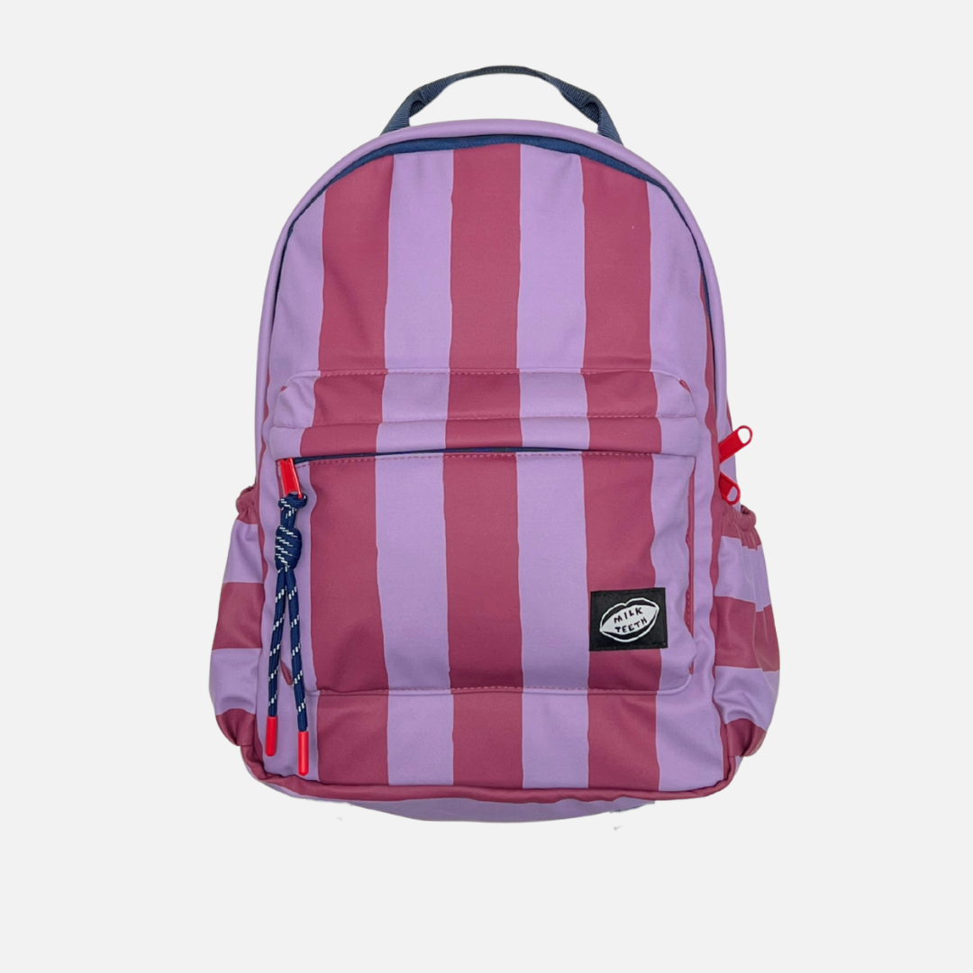A child's backpack featuring vertical stripes in lavender purple and dark pink, with navy blue trim and a black brand patch on the front pocket.