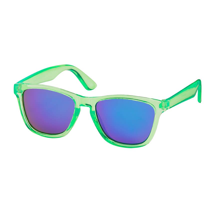 Green sunglasses with blue-tinted lenses on a white background