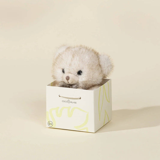 Small fluffy white teddy bear in a decorative box on a light beige background