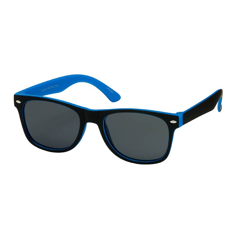 A pair of sunglasses with a black and bright blue frame and dark gray lenses, shown on a plain white background.