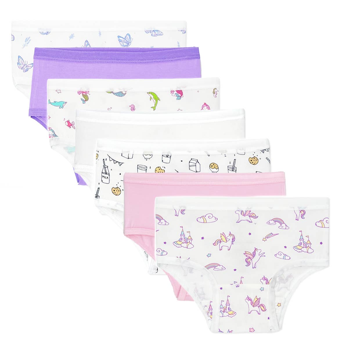 Set of seven children's underwear with various patterns on a white background