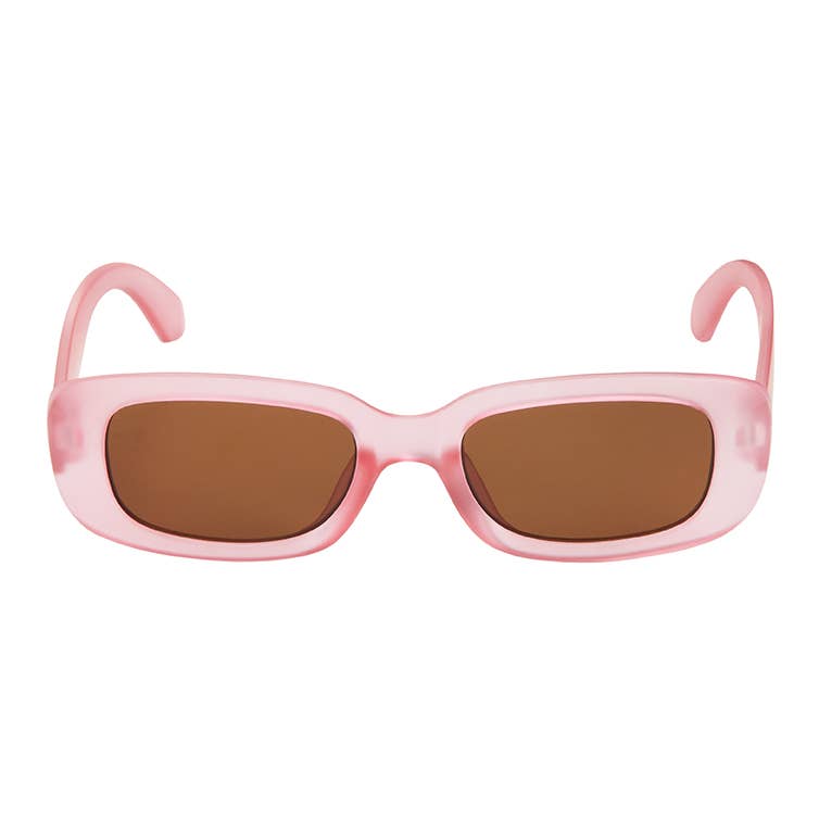 Pink sunglasses with brown lenses on a white background
