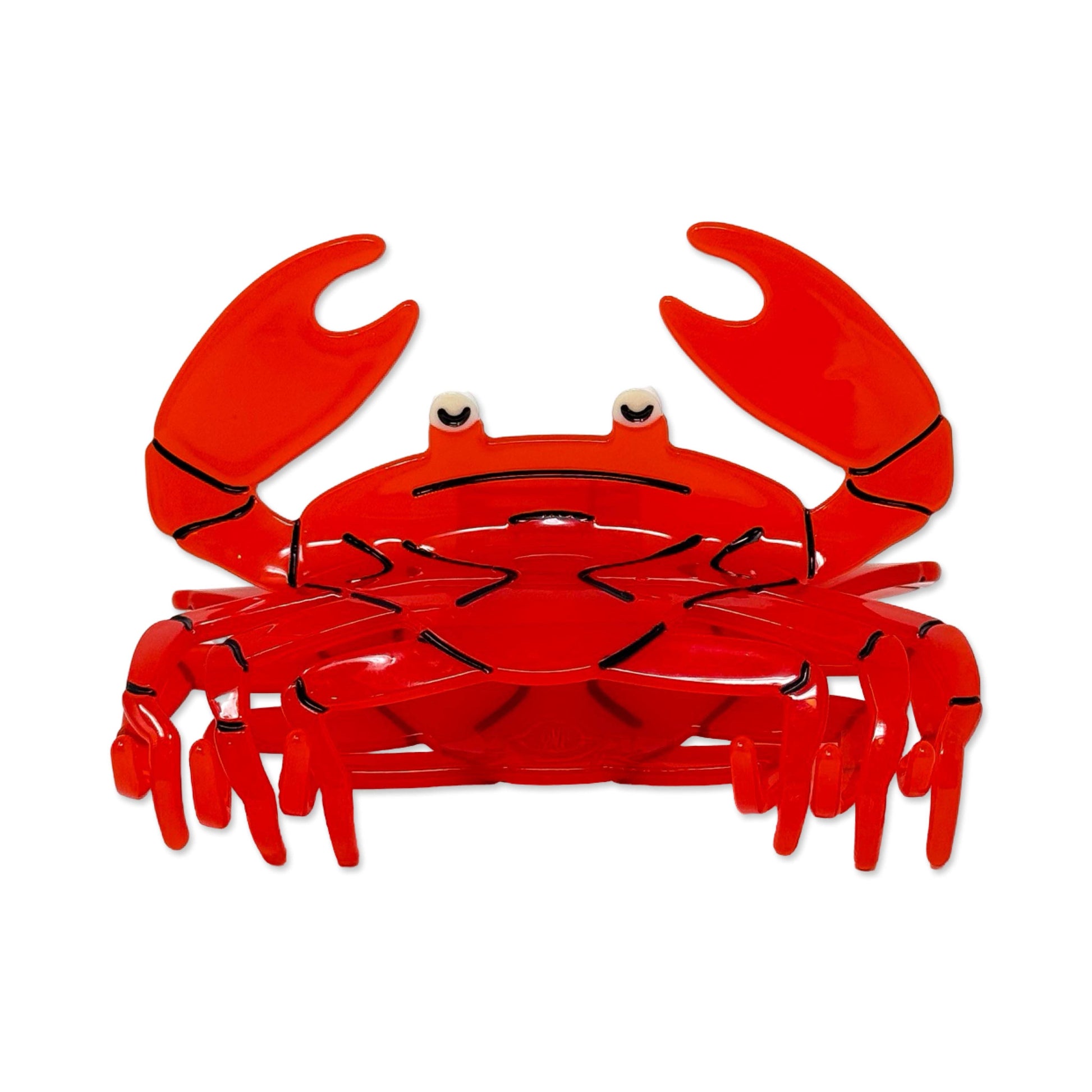 A bright red crab hair claw with black line details, small white eyes, and raised claws, centered on a plain white background.