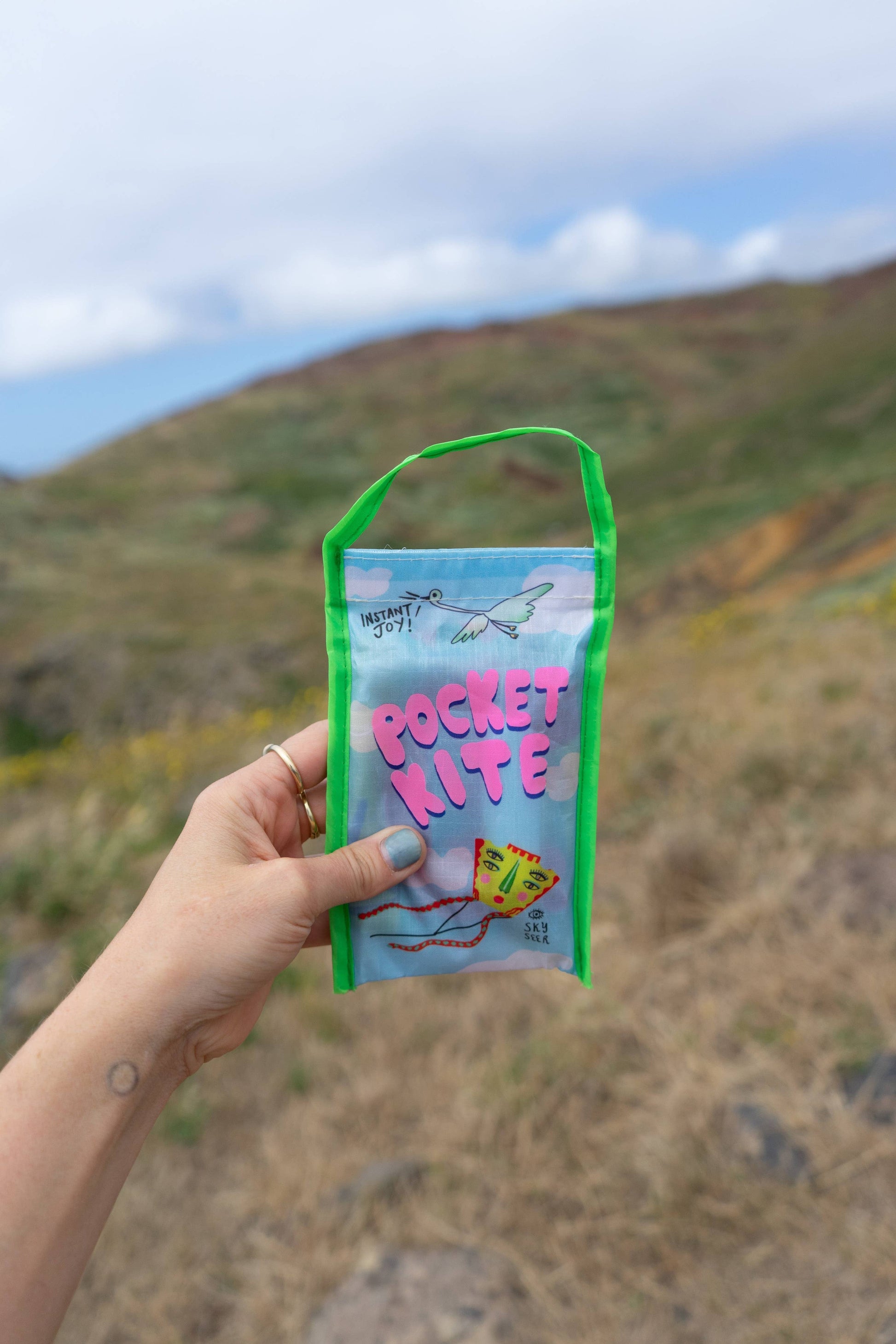 Hand holding a 'Pocket Kite' package with a mountainous landscape in the background