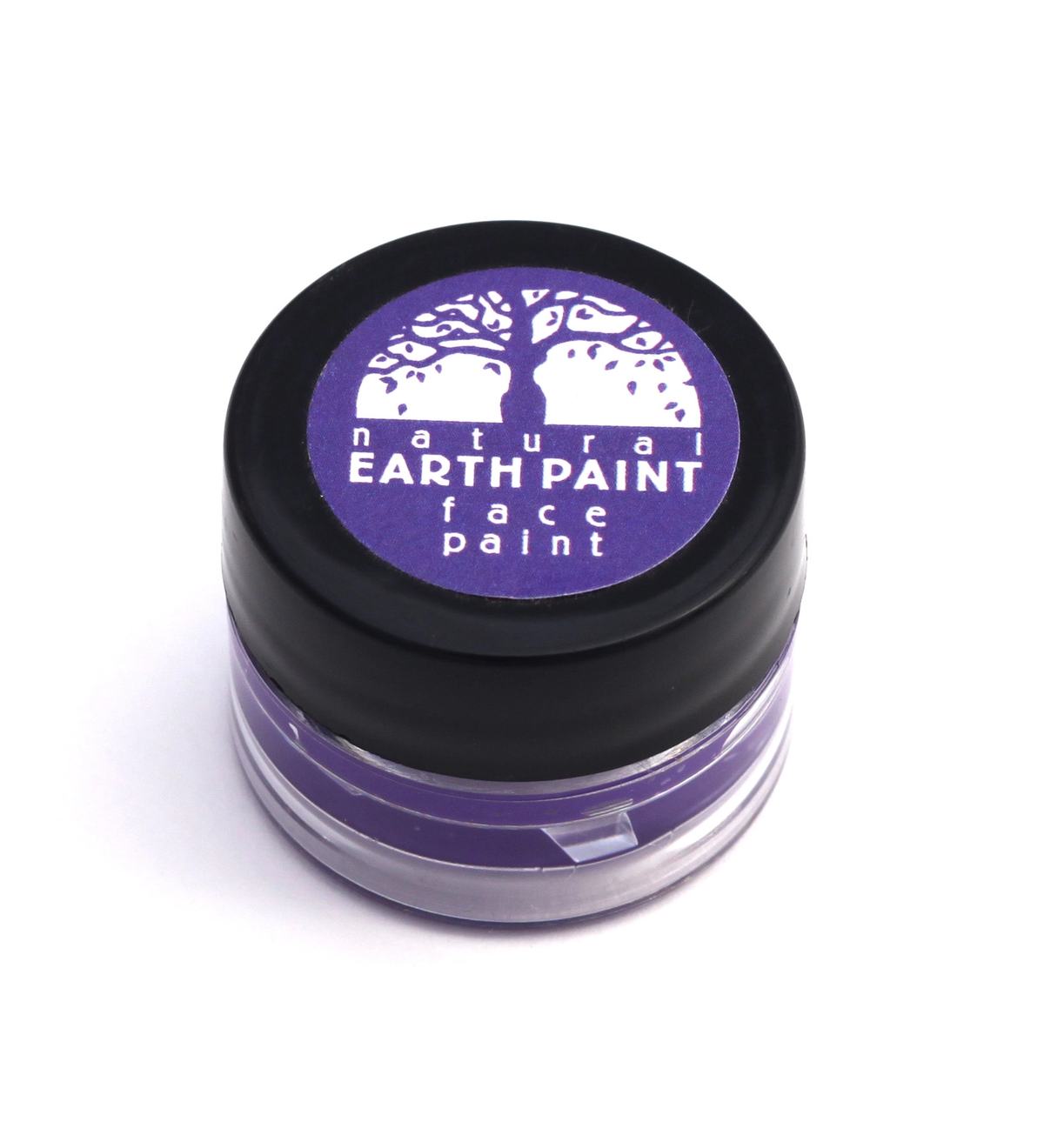 Purple face paint container with a black lid on a white background