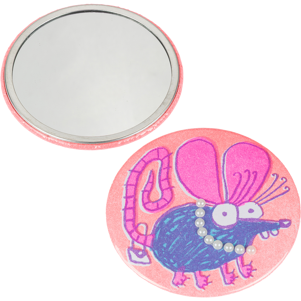 A round compact mirror with a pink glittery rim, shown open to reveal a silver mirror on one side and a colorful illustration on the other. The illustration features a blue and pink mouse character with a pearl necklace on a pink background.