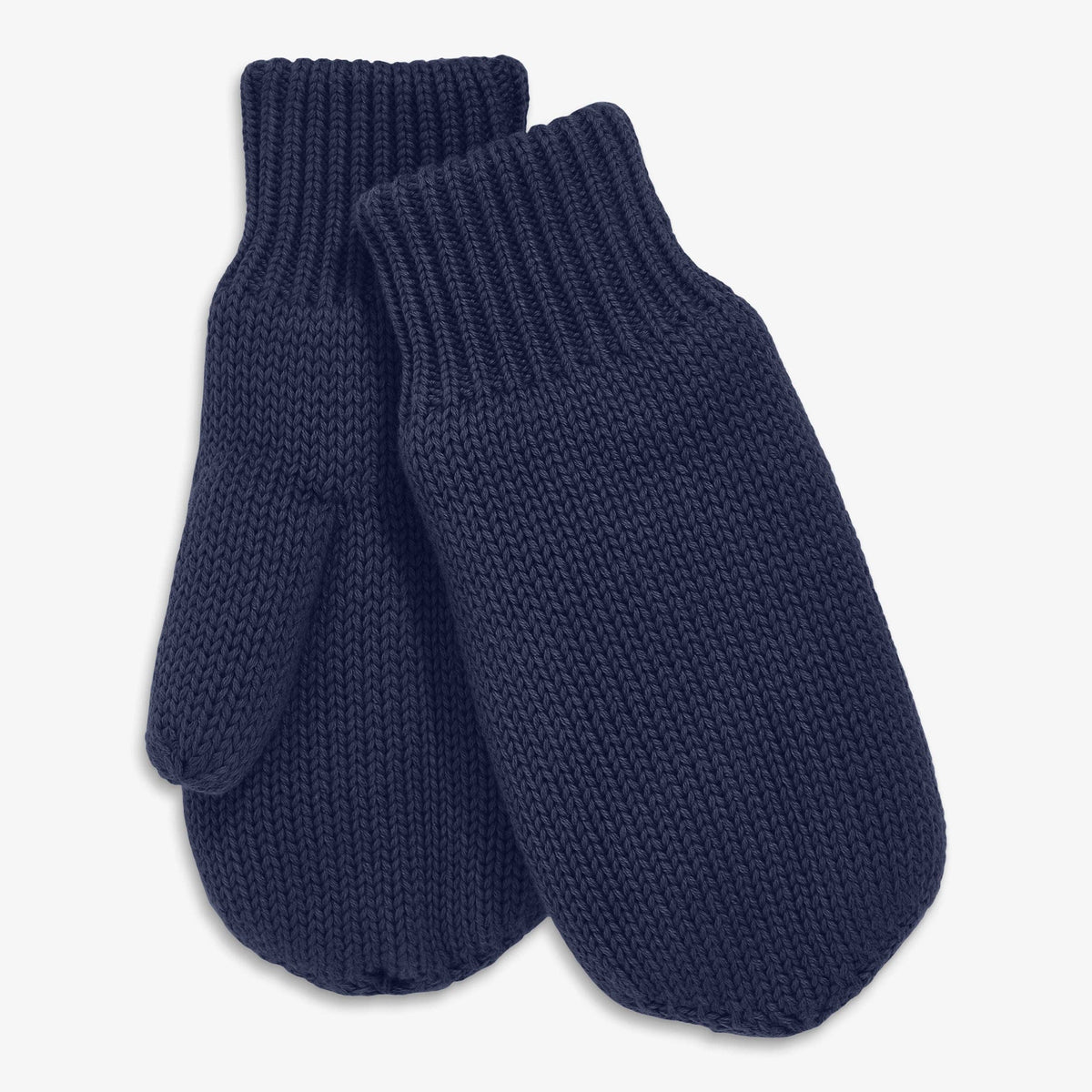 Pair of navy knit mittens on a light gray background