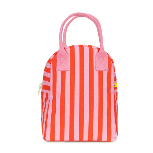 Red and pink striped bag with a handle on a white background